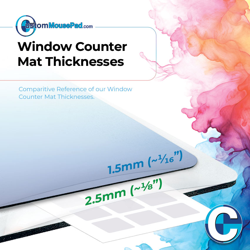 illustration of available backing thicknesses for window counter mats showing this counter mat has a 2.5 mm (1/8") backing