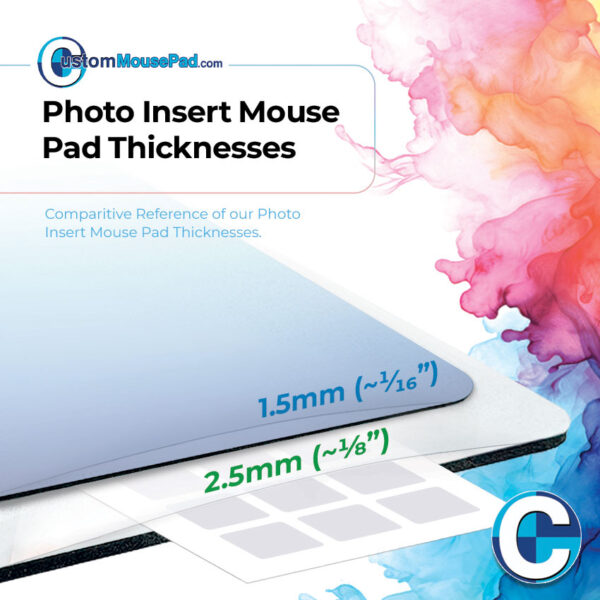 illustration of available backing thicknesses for insert mouse pads showing this mouse pad has a 2.5 mm (1/8") backing