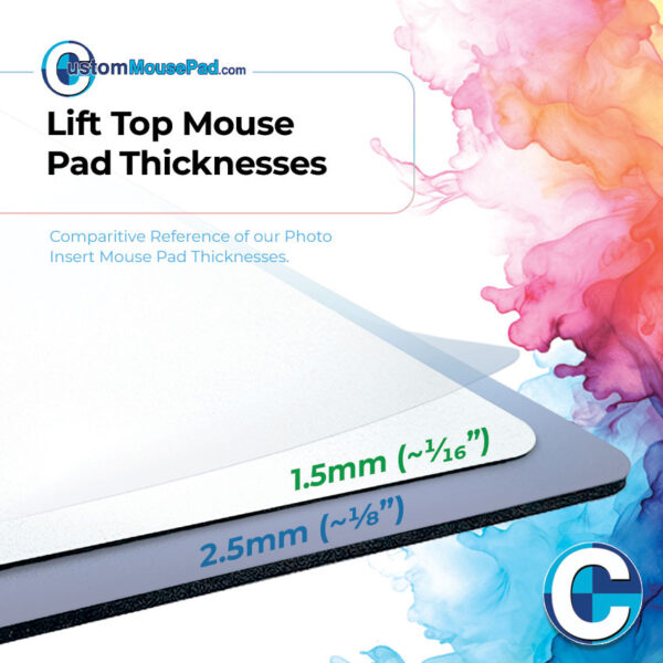illustration of available backing thicknesses for lift top mouse pads showing this mouse pad has a 1.5 mm (1/16") backing