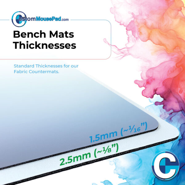 illustration of available backing thicknesses for custom bench mats showing this bench mat has a 2.5 mm (1/8") rubber backing