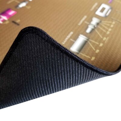 close up of the rubber backing and black stitching on a 2.5mm (1/8") custom printed mat