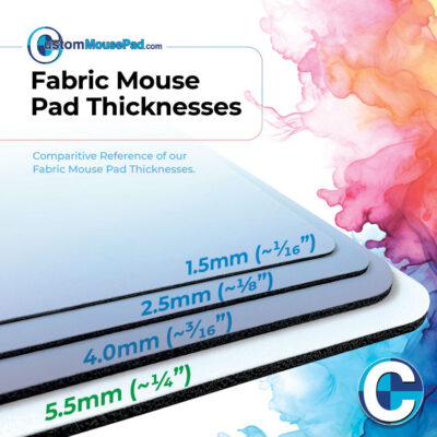 illustration of available backing thicknesses for fabric custom mouse pads showing this mouse pad has a 5.5 mm (1/4") rubber backing